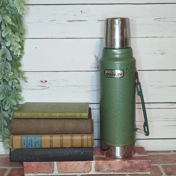 Original Vintage 80's Aladdin STANLEY Olive Green Crackle Vacuum Thermos 32 oz.‎ - Picture 5 of 15